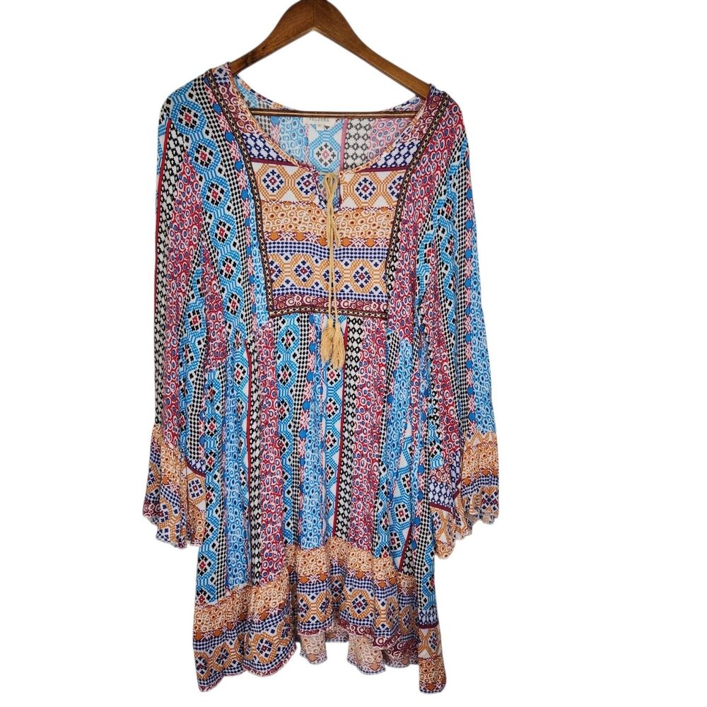 Velzera Floral Babydoll Tassel Tie Tunic Mini Dress Boho Patchwork Festival 1XL